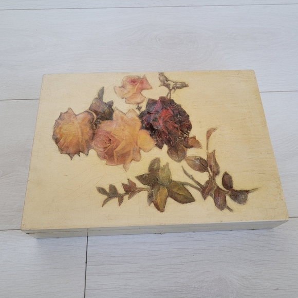 Vintage Paper Mache Decoupage Roses Floral Wooden Box - Picture 6 of 7